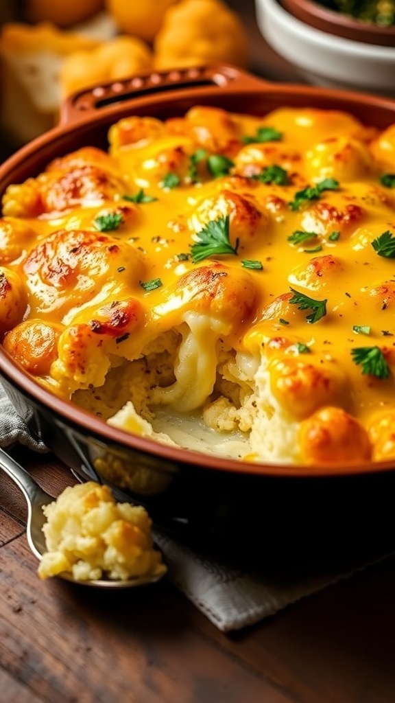 Cheesy cauliflower casserole in a baking dish, garnished with parsley, on a kitchen counter.